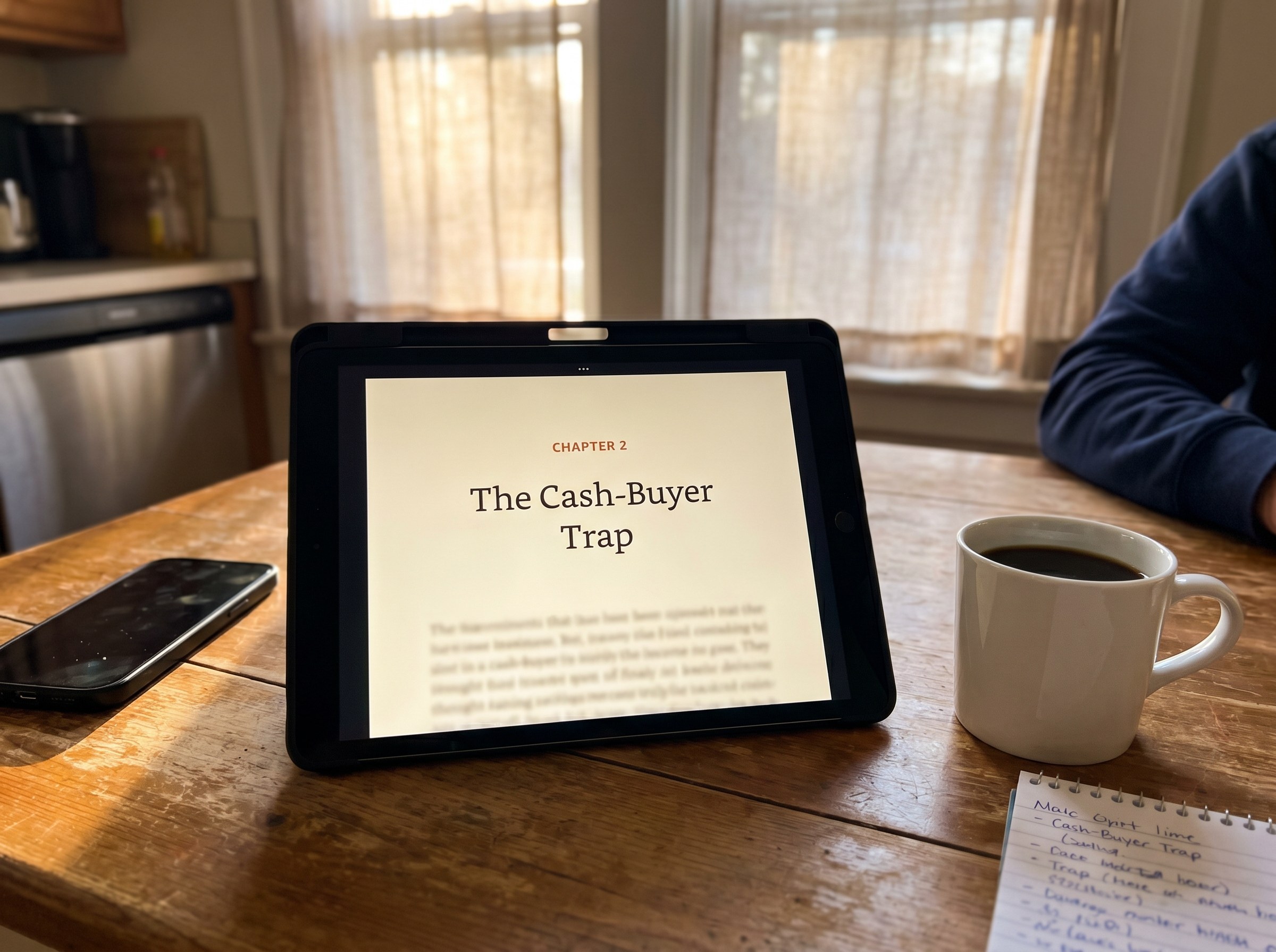 The book open on an iPad on a kitchen table beside a phone face-down and a coffee mug