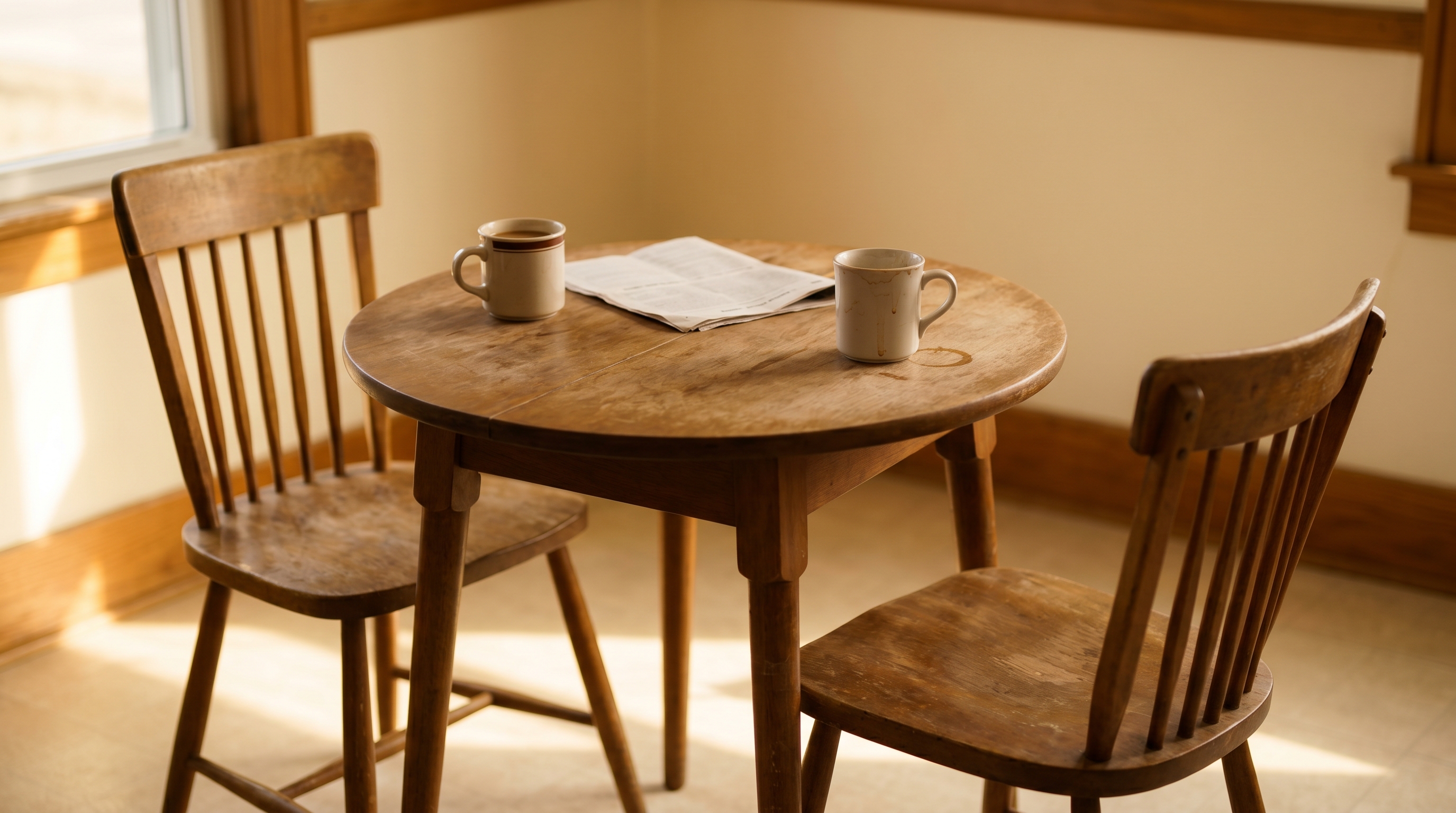 Two coffee mugs and paperwork on a kitchen table